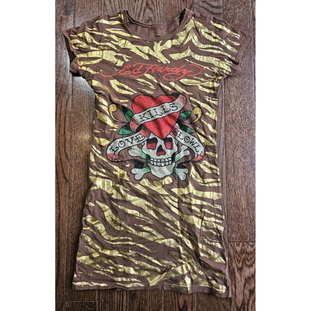 Ed Hardy Y2K Brown Striped Love Kills Slowly Skull Rhinestone Shirt Small